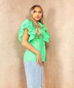 Miss Moda Luxe Green Frill Ruffle Organza Puff Shoulder Blouse With Diamond Button Details -Miss Moda Luxe Shop summer2 036 scaled