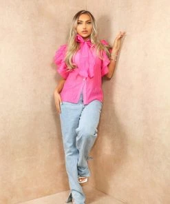 Miss Moda Luxe Pink Frill Ruffle Organza Puff Shoulder Blouse With Diamond Button Details -Miss Moda Luxe Shop summer2 043 scaled