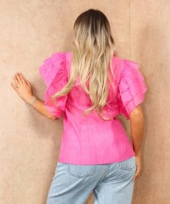 Miss Moda Luxe Pink Frill Ruffle Organza Puff Shoulder Blouse With Diamond Button Details -Miss Moda Luxe Shop summer2 044 scaled