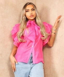 Miss Moda Luxe Pink Frill Ruffle Organza Puff Shoulder Blouse With Diamond Button Details