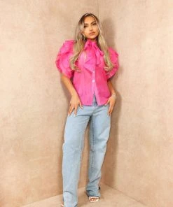 Miss Moda Luxe Pink Frill Ruffle Organza Puff Shoulder Blouse With Diamond Button Details -Miss Moda Luxe Shop summer2 048 scaled
