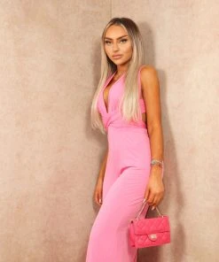 Miss Moda Luxe Pink Slinky Plunge Wide Leg Jumpsuit