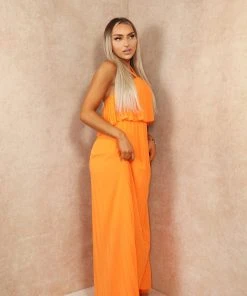 Miss Moda Luxe Orange Chiffon Halterneck Layered Maxi Dress