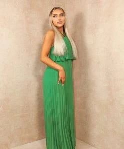 Miss Moda Luxe Green Chiffon Halterneck Layered Maxi Dress