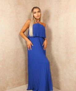 Miss Moda Luxe Blue Chiffon Halterneck Layered Maxi Dress