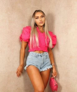 Miss Moda Luxe Pink Frill Puff Sleeve Ruched Waist Detailed Blouse