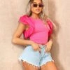 Miss Moda Luxe Pink Puff Ruffle Sleeve Scoop Neck Tshirt