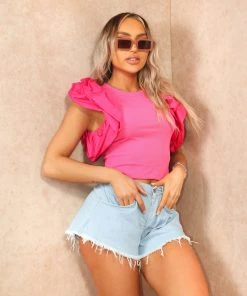 Miss Moda Luxe Pink Puff Ruffle Sleeve Scoop Neck Tshirt