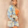 Miss Moda Luxe Gold And Blue Paisley Tiger Print Tailored Blazer And Short Set