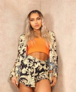 Miss Moda Luxe Gold And Black Paisley Tiger Print Tailored Blazer And Short Set