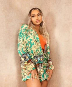 Miss Moda Luxe Gold And Green Paisley Tiger Print Tailored Blazer And Short Set