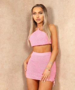 Miss Moda Luxe Pink Crochet Lace Up Backless Halterneck Skirt And Top Two-piece