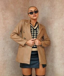 Miss Moda Luxe Camel PU Faux Leather Long Sleeve Lapel Detail Long Line Blazer