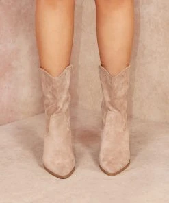 Miss Moda Luxe Taupe Classic Faux Suede Cowboy Heeled Boot -Miss Moda Luxe Shop taupe1 scaled
