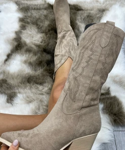 Miss Moda Luxe Taupe Almond Toe Mid Calf Embroidered Cowboy Boot