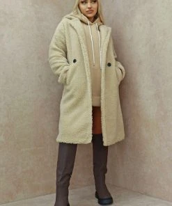 Miss Moda Luxe Beige Longline Borg Teddycoat