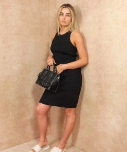 Miss Moda Luxe BLACK RIBBED SLEEVELESS MINI DRESS