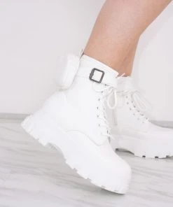 Miss Moda Luxe White Chunky Matte Leather Platform Boots With Side Pouch