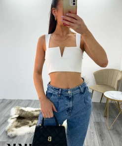 Miss Moda Luxe White Slinky V Notch Crop Top