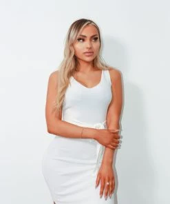 Miss Moda Luxe Sleeveless White Midi Tie Waist Dress