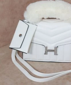 Miss Moda Luxe White Fur Handle Chevron Quilted Handbag -Miss Moda Luxe Shop whitehermes5 scaled
