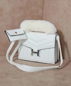 Miss Moda Luxe White Fur Handle Chevron Quilted Handbag -Miss Moda Luxe Shop whitehermes6 scaled