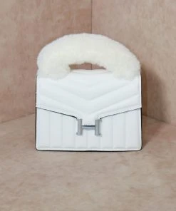 Miss Moda Luxe White Fur Handle Chevron Quilted Handbag