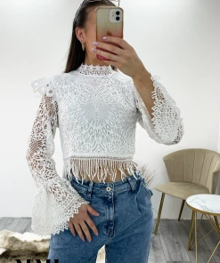 Miss Moda Luxe White Crochet Lace High Neck Top